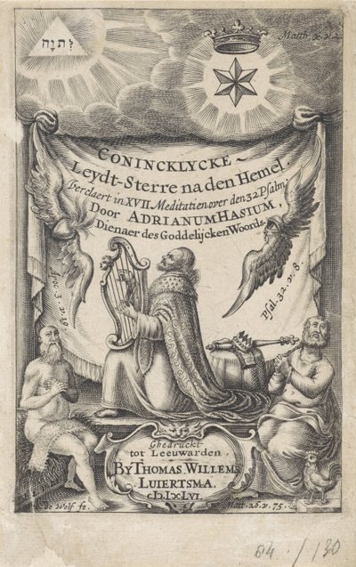 Kung David som Psalmist Titelsida för: Hasius, Adrianus. Conincklycke leydt-sterre efter himlen (...), 1656 av I. de Wolf
