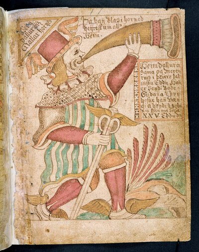 Heimdal blåser sitt horn före Ragnarök, från Melsteds Edda (penna & bläck och wc på papper) av Icelandic School