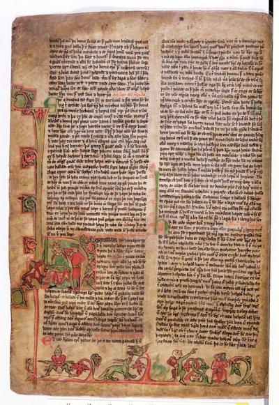 Historikerad initial D i början av Sagan om Olaf Tryggvason, från Flateyjarbok (Boken om Flatey) sent 1300-tal av Icelandic School