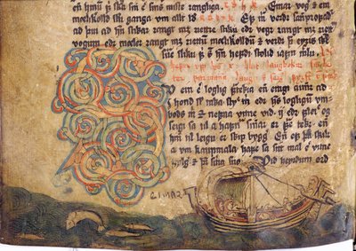 Historikerad initial S, från en kopia av den ursprungliga 1200-talets Jonsbokslagsamling av Icelandic School
