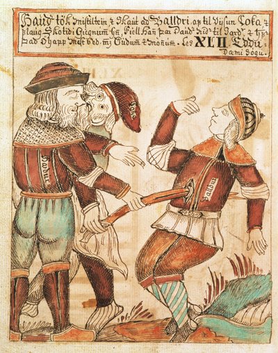 Ny Kgl Saml 1867.4, s.95v The Killing of Balder (penna & tusch och akvarell på papper) (se även 169947) av Icelandic School