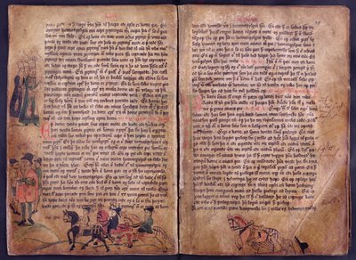 Två illustrerade sidor från en kopia av den ursprungliga 1200-talets Jonsbok lagsamling av Icelandic School
