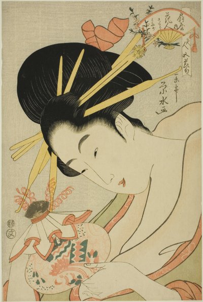 Kurtisanen Hanahito från Ogiya och assistenterna Sakura och Momiji, från serien "Beauties of the Five Festivals (Bijin gosekku)" av Ichirakutei Eisui