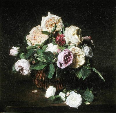 Rosor i en korg på ett bord av Ignace Henri Jean Fantin Latour