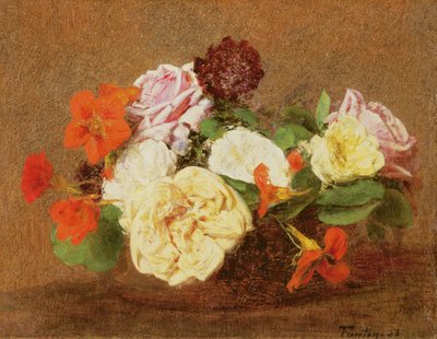 Rosor och Nasturtium i en vas, 1883 av Ignace Henri Jean Fantin Latour