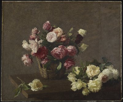 Rosor i en korg, eller rosor i en korg, 1888 av Ignace Henri Jean Fantin Latour