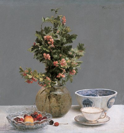 Stilleben med vas av hagtorn, skål med körsbär, japansk skål och kopp och fat av Ignace Henri Jean Fantin Latour