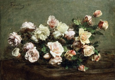 Vas av vita rosor på ett bord; Vas med vita och rosa rosor på bordet, av Ignace Henri Jean Fantin Latour