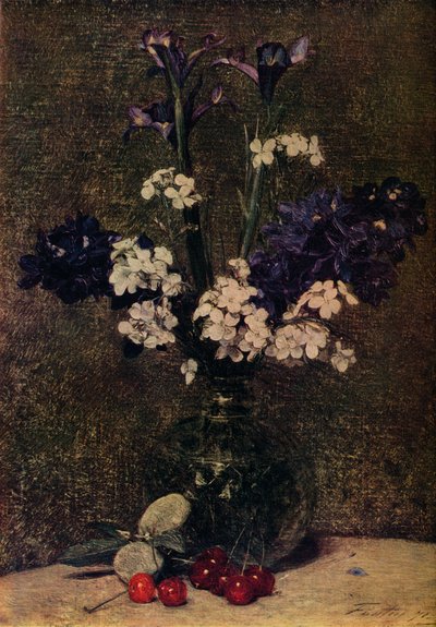 Vas med blommor, med körsbär och mandel på bordet, Nature morte, Iris, Delphinium hybrids a av Ignace Henri Jean Fantin-Latour