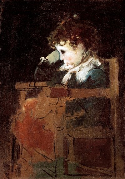 "En liten pojke trögare i en stol" (olja på duk) av Ignacio Pinazo Camarlech