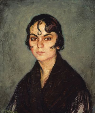 (KVINNA MED EN SLÖKNING I PANAN) - 1900-talet av Ignacio Zuloaga y Zabaleta