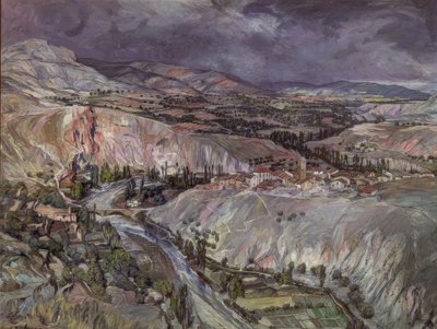 Landsbygd i Navarra – 1900-talet – 75,5 × 09 cm – olja på kartong av Ignacio Zuloaga y Zabaleta