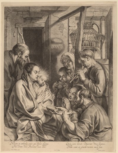 Tillbedjan av herdarna av Ignatius Cornelis Marinus after Jacob Jordaens