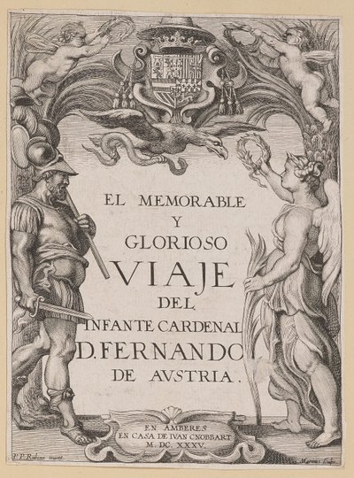 Titelsida för D. De Aedo y Gallert, The...Voyage of the Infante Cardenal... av Ignatius Cornelis Marinus after Sir Peter Paul Rubens