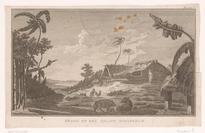 Utsikt över ön Nomuka i Stilla havet från land Utsikt på ön Rotterdam (titel på objekt) av Ignaz Sebastian Klauber (possibly)