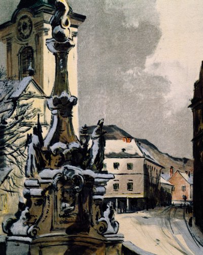 Utsikt över Hainburg an der Donau, Österrike, stad där Franz Joseph Haydn (1732-1809) studerade musik mellan 1738 och 1740, tryck av Igo Potsch (1884-1943) för att fira hundraårsdagen av musikerns död av Igo Potsch