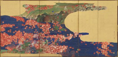 Lönnlöv på en bäck, skärm med sex paneler, Edo-period, 1856-58 (bläck & färg på förgyllt papper) av Ikeda Koson
