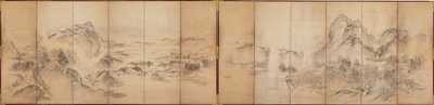 Mountain Views, baksidan av en skärm med sex paneler, Edo Period, 1856-58 (tvätt på papper) av Ikeda Koson