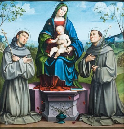 Madonna och barn med den helige Franciskus av Assisi och den helige Antonius av Padua av Il (1450 1517) Francia
