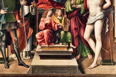 Musiker änglar, detalj av Jungfru med barn och St Proculus, St John evangelist, St Augustine, St Sebastian (målning av Il  Francia