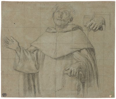 Ett dominikanskt helgon, kanske Sankt Peter Martyr, halvlångt, håller i en bok av Il Sassoferrato