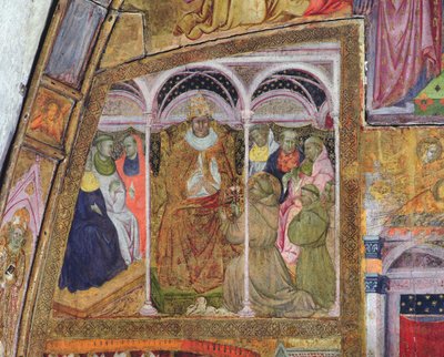 St Francis bönfaller påven Honorius III om bekräftelsen av överseendet, fresk från Porziuncola, 1393 av Ilario da Viterbo