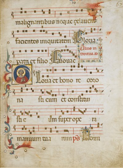 Manuskriptblad med ett kvinnligt helgon möjligen Dorothy i ett initialt G..., ca. 1330-40. av Illustratore