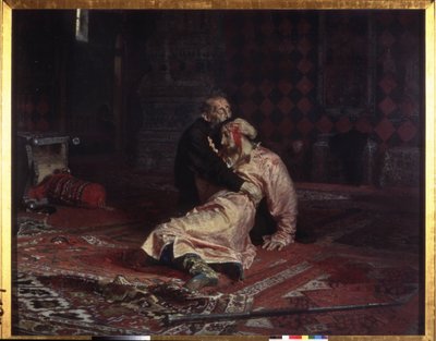 Ivan IV den förskräcklige (1530-1584) omfamnar sin son Ivan Ivanovich (1554-1581) som han just har sårat dödligt under ett gräl, fredagen den 16 november 1581. Målning av Ilya Yefimovich Repin (Ilia Repin) (183404) , olja på duk av Ilya Efimovich Repin