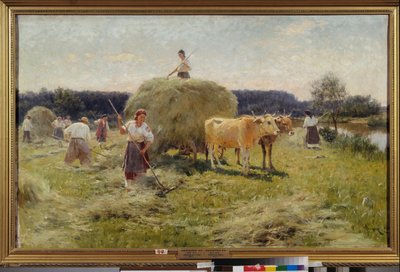 Hötillverkning (sommarjordbruksscen, bönder som samlar hö i ett oxlag) - Hötillverkning - Målning av Nikolai Kornilovich Pimonenko (1862-1912), olja på duk av Ilya Efimovich Repin