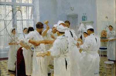 Kirurgen Ivan Pavlov (1849-1936) i en operationssal (Kirurgen Pavlov i en operationssal). Omgiven av sitt medicinska team, assistenter och sjuksköterskor opererar kirurgen en sjuk patient. Målning av Ilya Yefimovich Repin (Ilia Repin) (1 av Ilya Efimovich Repin