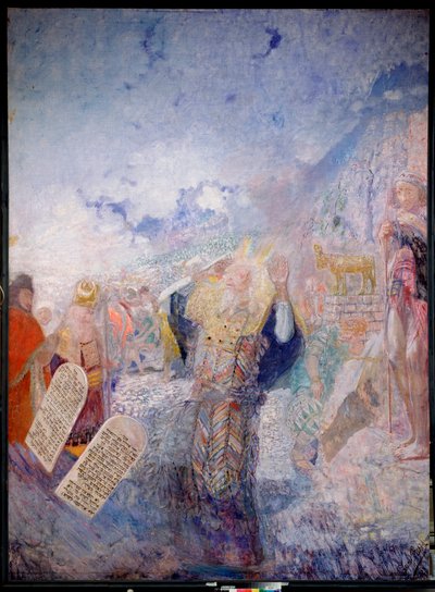 Moses och de tio budorden. Bakom honom, Guldkalven. Målning av Yuri Ilyich Repin (Youri Repin) (1877-1954), olja på duk, cirka 1930. Rysk konst, 1900-talet, modern konst. I. Repins minnesmuseum Penates, Sankt Petersburg. av Ilya Efimovich Repin