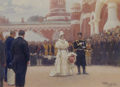 Nicholas II tar emot landsbygdsdistriktets äldste den 18 maj 1896 på gården till Petrovsky Palace i Moskva, 1897 av Ilya Efimovich Repin