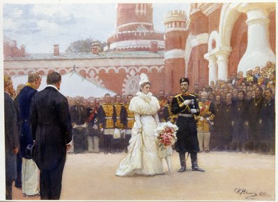 Nicholas II (1868-1918) och hans fru, Alexandra Fedorovna (eller Alexandra Feodorovna) (1872-1918), som tar emot de äldste i distriktet på landsbygden, den 18 maj 1896, på gården till Petrovsky-palatset i Moskva. (Nicholas II tar emot landsbygdsdistriktets av Ilya Efimovich Repin