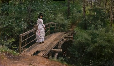 SOMMARLANDSKAP. VERA REPINE PÅ EN LITEN BRO I ABRAMTSEVO av Ilya Efimovich Repin