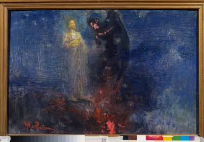 Gå bort, Satan! (Få dig därifrån, Satan!). (Jesus Kristus stöter bort djävulen, i ett nattligt landskap). Målning av Ilya Repin (Ilia Repin) (1844-1930), olja på duk, efter 1850. Rysk konst av Ilya Efimovich Repin