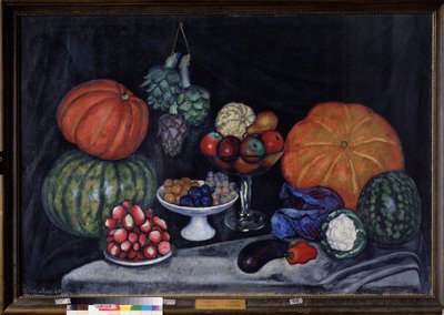 Grönsaker. Stilleben med pumpor, kronärtskockor, plommon, vindruvor, äpplen, päron, aubergine, peppar, kål, blomkål och vattenmelon. (Grönsaker. Stilleben). Målning av Ilya Ivanovich Mashkov (Ilia Mashkov, Matchkov) (1881-1944), olja på duk av Ilya Ivanovich Mashkov