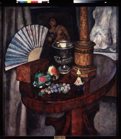Stilleben med fläkt (Still life with a Fan). Målning av Ilya Ivanovich Mashkov (Ilia Mashkov, Matchkov) (1881-1944), olja på duk av Ilya Ivanovich Mashkov