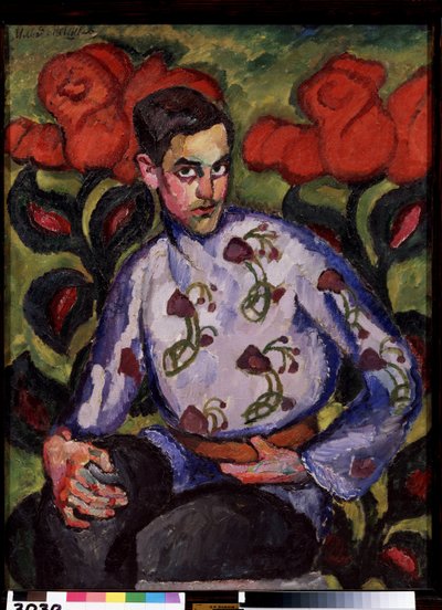 Porträtt Av En Pojke I En Skjorta Med Blommor. Målning av Ilya Ivanovich Mashkov (Ilia Mashkov, Matchkov) (1881-1944), olja på duk av Ilya Ivanovich Mashkov