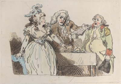 En ung kvinna, arvinge förbereder sig på att underteckna ett dokument, 1780-1800., 1780-1800. av Imitator of Thomas Rowlandson.