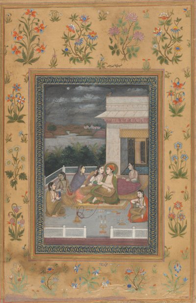 Ett par på en terrass omgiven av skötare och musiker av Indian 18th Century
