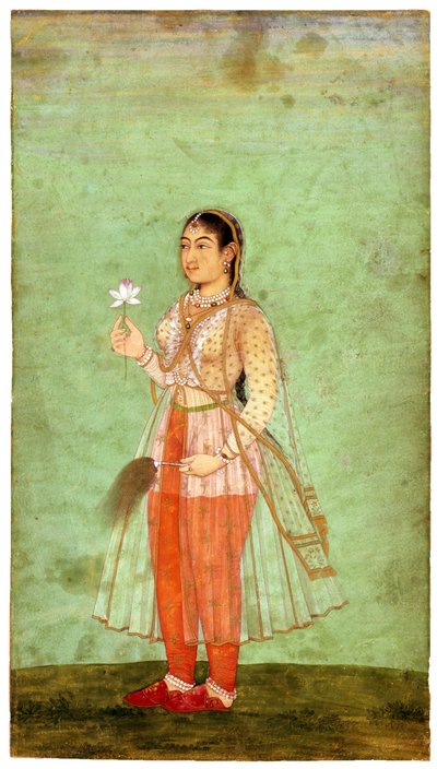 En dam med blomma och flugvisp, c.1630 av Indian Art