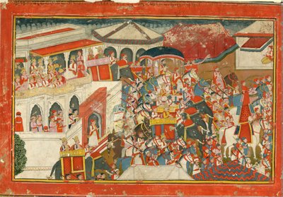 Krishna och Balarama ger sig av från ett palats, ca. 1840 av Indian Art