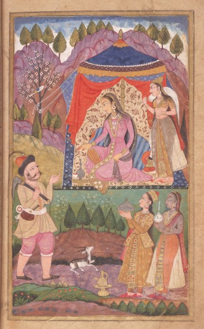 48.62 folio 138 Farhad berättar om sina äventyr för prinsessan Shirin, från Khusrau och Shirin, Deccani School, 1722 av Indian School