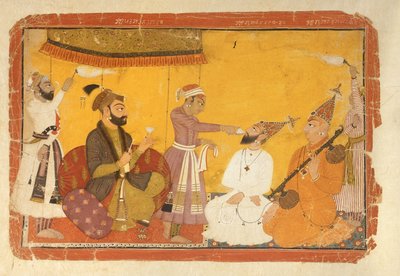 ]7.110359 Gosain Narayan tar gift i närvaro av kejsar Jahangir, Nurpur, Pahari School, 1725 av Indian School
