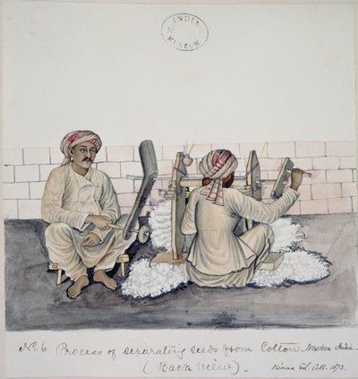AS10 Vol.52 ff.3 4896.cat.201 i-iv Två män som rensar bomull, Bombay, ca 1873 (akvarell på papper) av Indian School