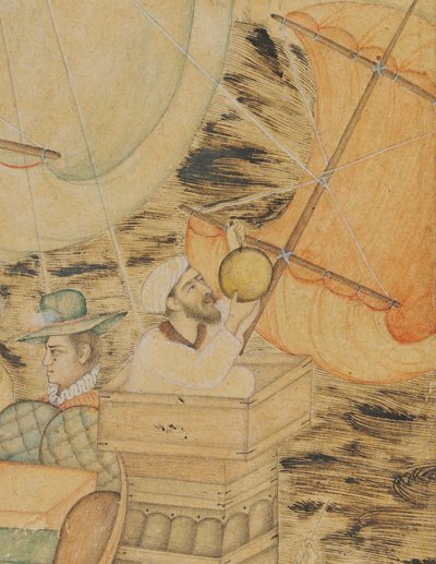 A Caravel Attacked by a Sea Monster, Mughal India, ca 1590 (ogenomskinliga pigment förhöjda med guld och silver på papper) av Indian School