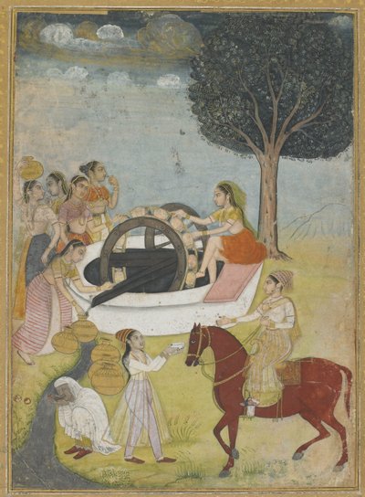 A Group of Women at a Well (ogenomskinlig wc & guld på papper) av Indian School
