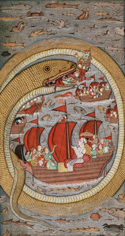 En monstruös orm som slukar den kungliga flottan, ca 1670-1690 av Indian School
