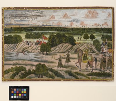 En Nawab och hans behållare på jaktexpedition, ca 1780 (ogenomskinlig akvarell och guld på papper) av Indian School
