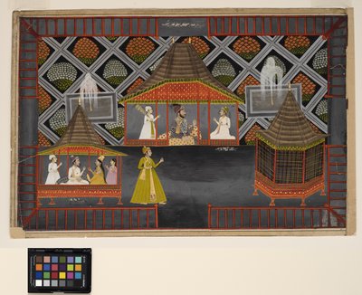 En Nawab och hans söner i en trädgårdspaviljong, ca 1770 (ogenomskinlig w/c, silver och guld på papper) av Indian School